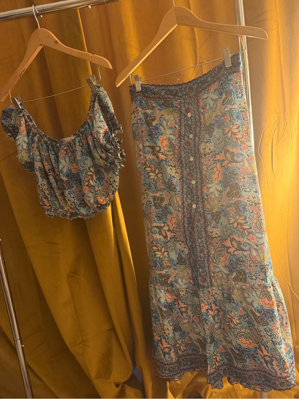 India Boutique Floral Button-Front Maxi Skirt and  Top in Teal, Coral and Navy